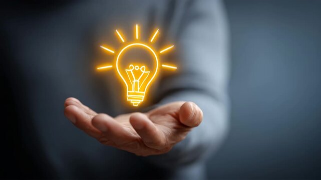 日本人が手のひらに光る電球を示す