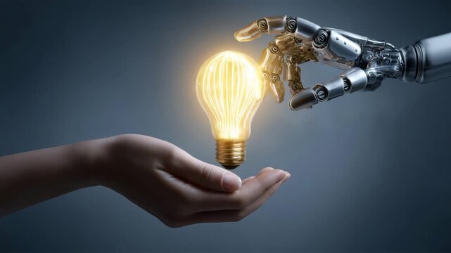 日本人とAIの手が光る電球を支える