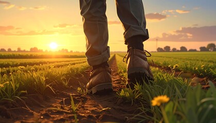 Person walking on a dirt path through a field at sunrise
