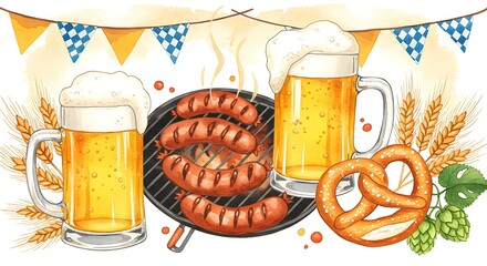 Watercolor illustration of beer mugs sausages and pretzel for festive occasion