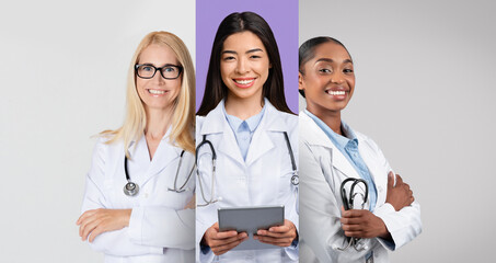 Three healthcare professionals in white coats stand confidently with medical instruments. Their diverse backgrounds reflect the inclusivity of modern medicine.