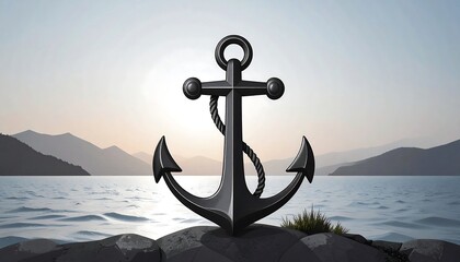 Anchor on rocks by a lake at sunrise