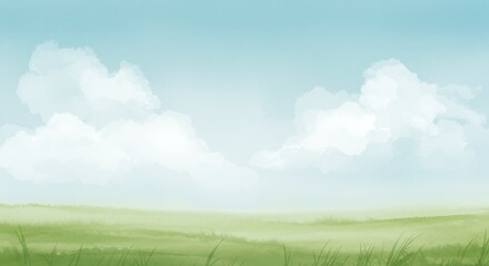Watercolor landscape illustration of green field under blue sky with fluffy clouds