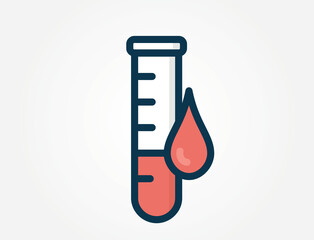 An icon of a test tube with blood drop. Illustration of blood tests, laboratory analysis, blood donation, or medical diagnostics.