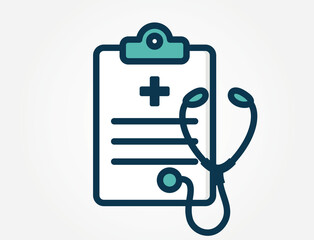 An icon of a clipboard holding a document and stethoscope. This image represents physical examination, medical record-keeping, or the overall diagnosis and documentation process in healthcare.