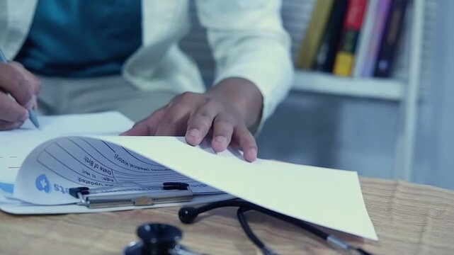 Close up. Male doctor signing medical documents in hospital office. Physician in lab coat reviewing a report on clipboard, writing prescription and filling out patient records or treatment conclusion