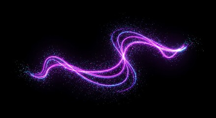 Abstract neon light trails against a dark background with copy space