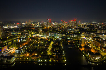 Naklejka premium Downtown Salford Waterfront and Downtown Manchester at Dusk