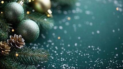 Green Christmas Background with Pine Tree Gold Baubles Snowflakes