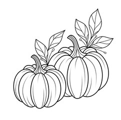 Black and white illustration of pumpkins with leaves. Outline drawing of a pumpkin for coloring, design, autumn projects, decor, posters, postcards, and themed compositions.