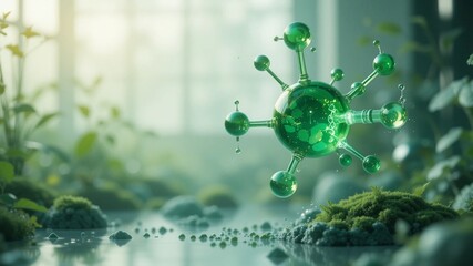 Glowing green virus molecule in a lush natural environment, science concept