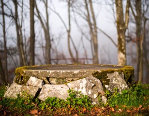 Stone platform in a misty forest