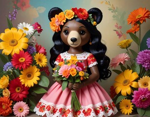 A bear girl in a floral dress, surrounded by blossoms