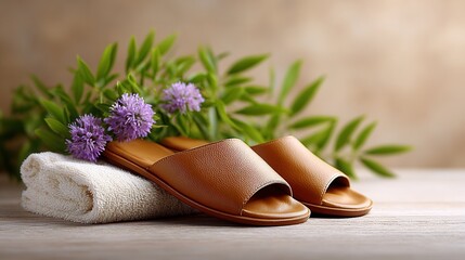 Relaxation Setup Featuring Slippers and Flowers