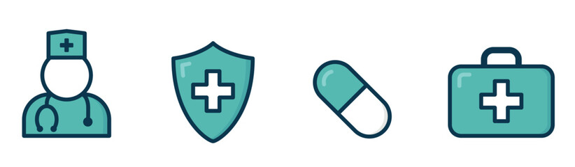 Set of healthcare icons. Doctor in uniform with a stethoscope, a medical shield with a cross, a pill or capsule, and a first aid kit. Medical care, health protection, medicine, and emergency supplies.