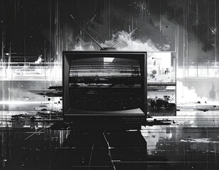 Abstract black and white TV image with glitch effect