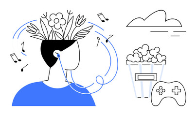 Person wearing earphones with blooming flowers on head, surrounded by popcorn, music notes, game controller, and cloud. Ideal for mindfulness, creativity, relaxation, leisure self-expression mental
