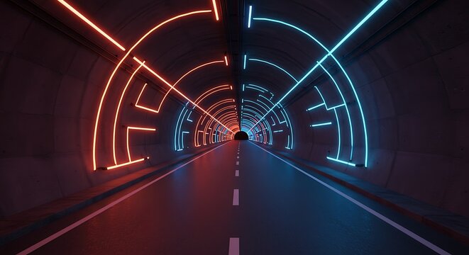 Abstract neon tunnel perspective with road and colorful geometric lines
