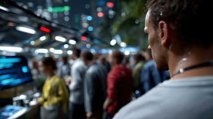A contemplative man stands amidst a bustling urban scene at night, reflecting on life and connection while observing the dynamic energy of the crowd around him.