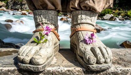 Stone shoes with flowers on a riverbank
