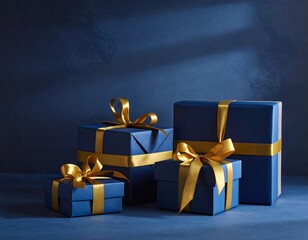 Elegant blue gift boxes with gold ribbon