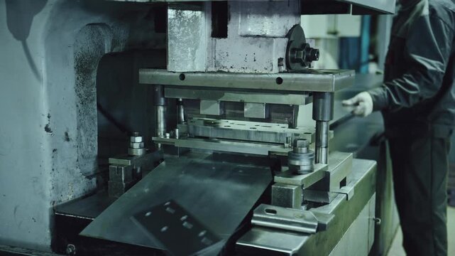 Heavy industrial machine performing stamping and perforation on a metal sheet, operated by a factory worker in a manufacturing plant, showcasing automated machinery and modern metalworking