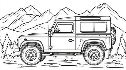 Off road vehicle illustration with mountain backdrop for adventure concepts