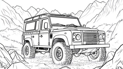 Off road vehicle illustration on mountain landscape black and white