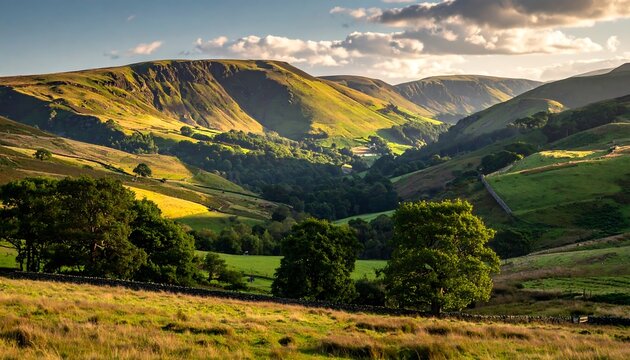 Sun-drenched valley with rolling hills