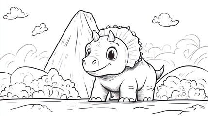 Line art illustration of a triceratops dinosaur in a cartoon style