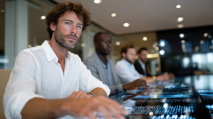 Professionals engaged in a serious discussion around a high-tech digital table, emphasizing collaboration and innovation in a corporate environment.