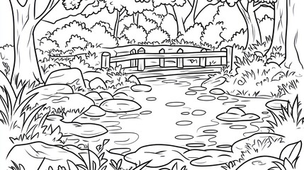 Fototapeta premium Black and white cartoon forest scene with bridge and stream