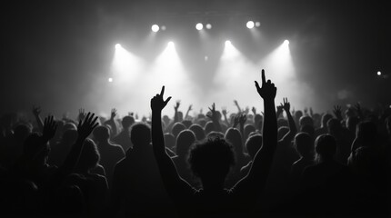 Fototapeta premium Energetic black and white concert scene featuring a diverse crowd with raised hands, dramatic stage lighting, misty ambiance, and dynamic silhouettes capturing live music excitement.