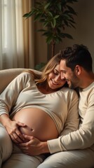 Intimate scene of an expecting couple on a beige couch, focusing on the woman's baby bump, warm natural light, soft shadows, and cozy, loving atmosphere.