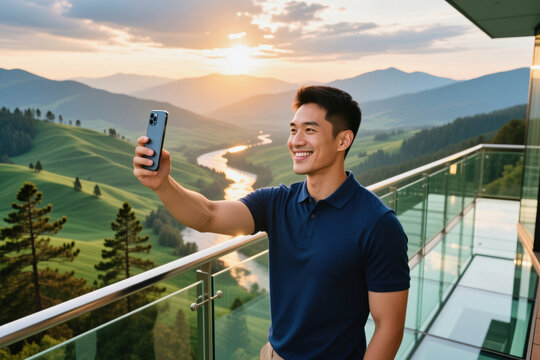 A man in a blue polo shirt takes a selfie with his smartphone on a balcony overlooking a scenic mountainous landscape at sunset.