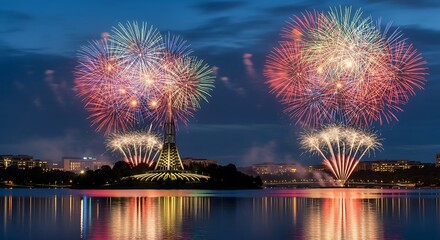 Colorful Fireworks Over Water.