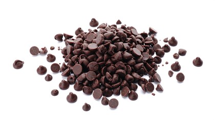 A pile of small, dark-colored morsels sit against a bright, white backdrop, slightly angled. The sweet food pieces are varied in size