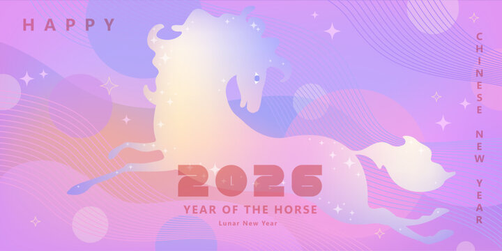 Chinese New Year  vector design cards. 2026year of the Horse. Lunar new year concept. Geometric modern vector with abstract forms, gradients, horse. Design for calendar, cover, flyer.