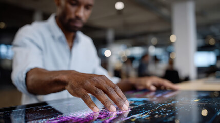 A professional thoughtfully analyzes data on a touch screen interface, reflecting the increasing integration of technology in modern decision-making processes.