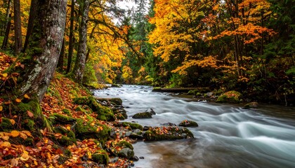 A vibrant autumn scene of a flowing river surrounded by trees with colorful foliage along the banks
