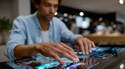 A creative individual operates a digital workspace, utilizing modern technology to visualize data, showcasing collaboration and productivity in a dynamic business environment.