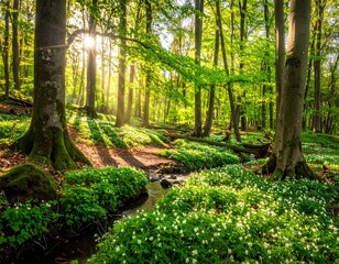 Sunlight streams through a vibrant spring forest