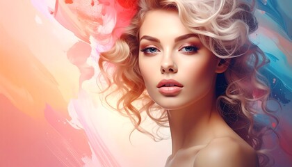 A glamorous woman with fair skin, blue eyes, and blonde curly hair gazes forward against an abstract, colorful backdrop