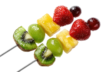 Colorful fruit skewer with kiwi, pineapple, strawberry, and grape pieces, isolated on transparent background.
