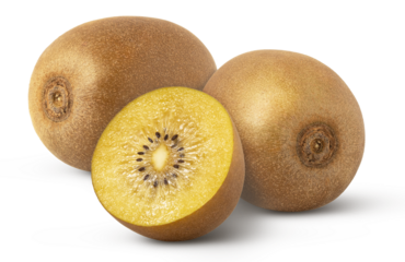 Fresh golden kiwi fruit and a cut in a half isolated. Group of golden kiwis.