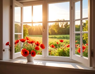 Sunlight streams through a window onto a bouquet of poppies