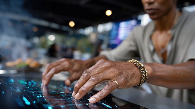 An engaging scene shows hands interacting with a high-tech display in a food setting, blending culinary arts and technology to create a unique gastronomic experience.