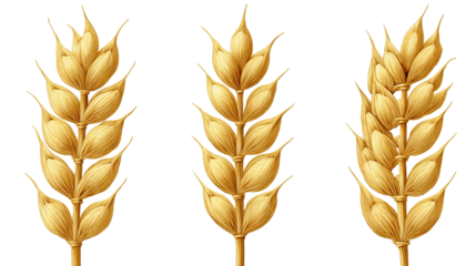 Trio of wheat ear glyphs in minimalist line design with rounded terminals, isolated on transparent background
