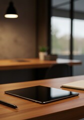 Naklejka premium A modern workspace featuring a sleek tablet on a wooden desk, with a minimalist aesthetic. The scene is softly illuminated by a pendant light, creating a calm atmosphere.