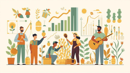 Fototapeta premium Business vector art of diverse group of farmers working together with plants and charts
